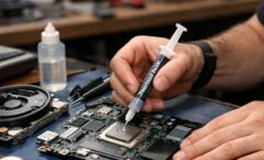 Teknisi melakukan repasta processor laptop dengan thermal paste berkualitas di meja servis profesional di Jogja