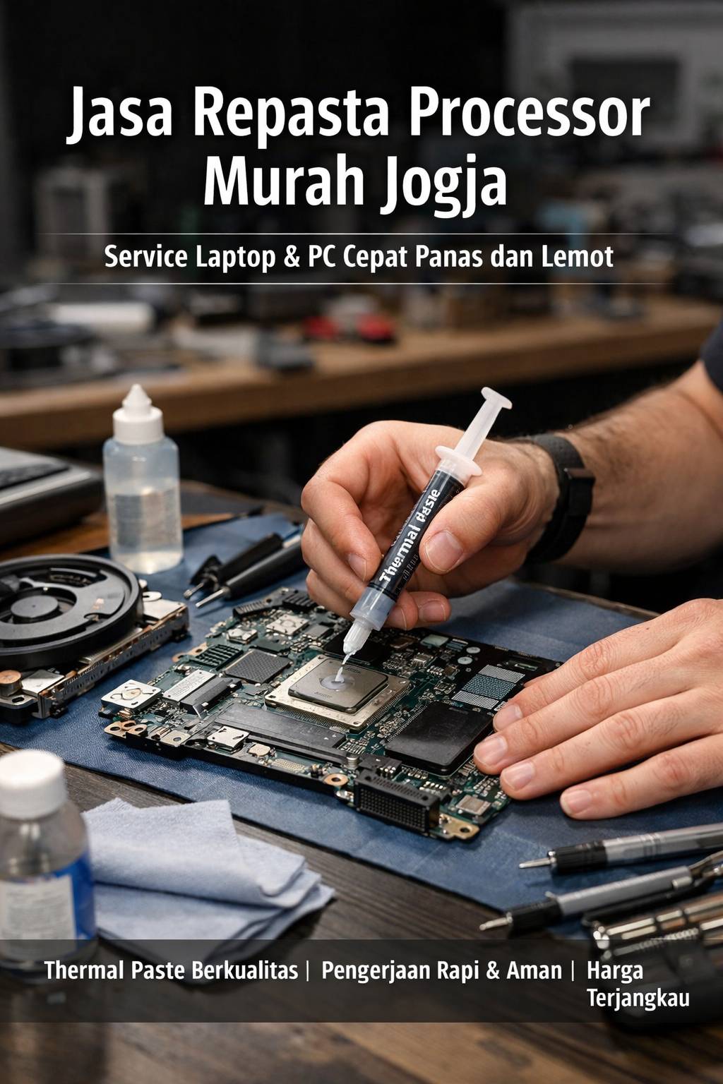 Teknisi melakukan repasta processor laptop dengan thermal paste berkualitas di meja servis profesional di Jogja